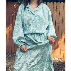 Vintage Willi of California 80s Teal Wavy Pastel Blouson Midi Dress, ML
